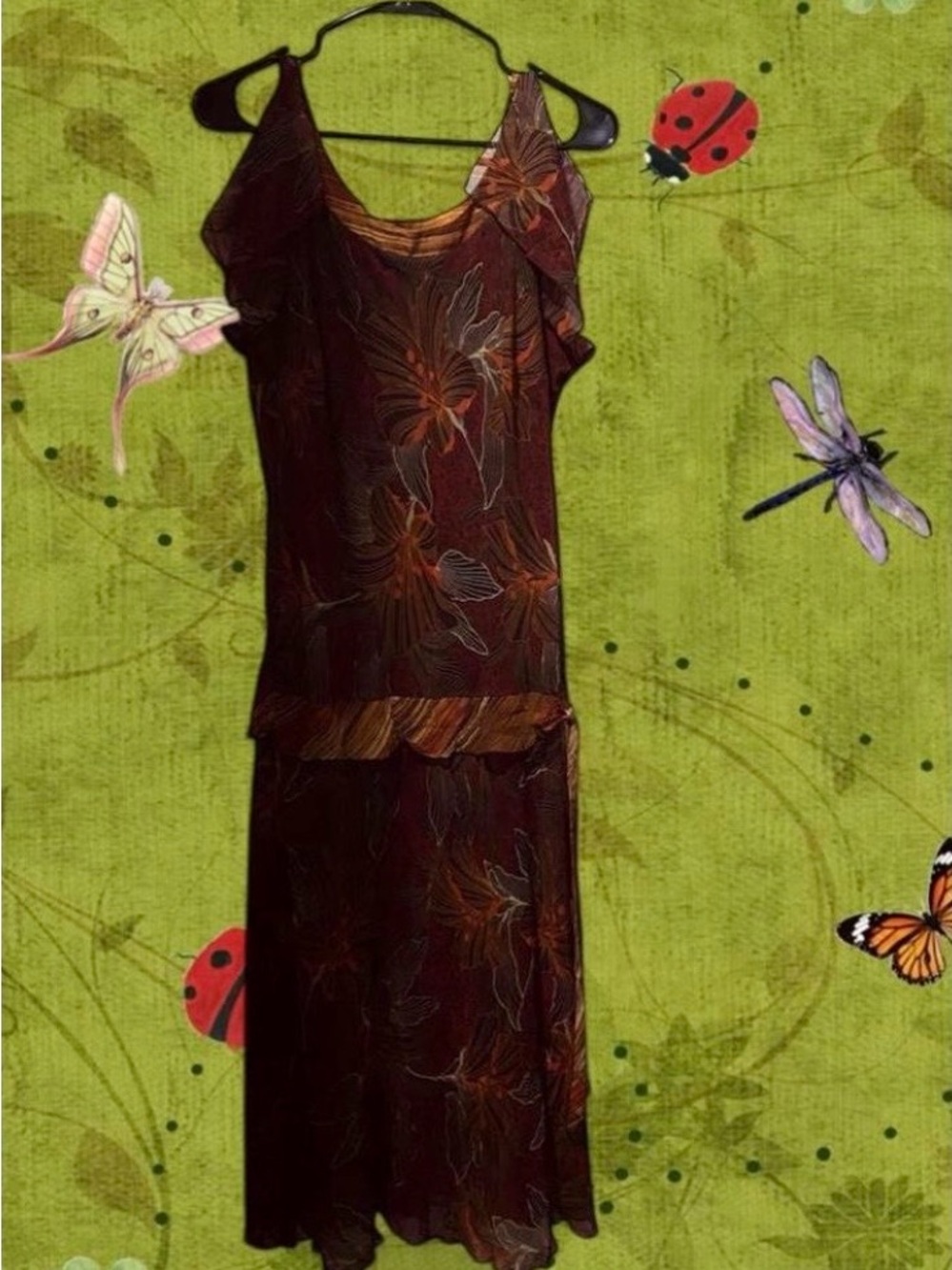 Vintage Y2K Believe Floral Mesh Midi Dress Size 16 Fairycore Boho Fall